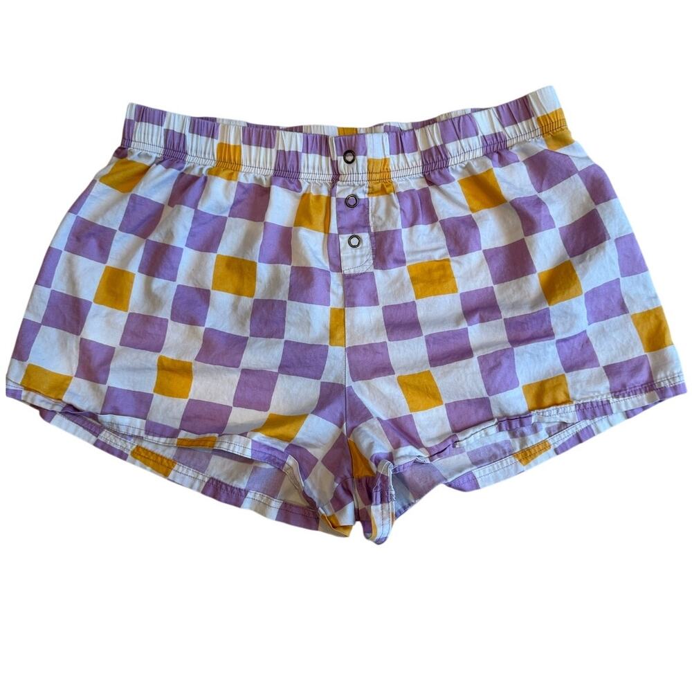BP Womens 100% Cotton Lavender Yellow Checkered Boxer Sleep Shorts Size M